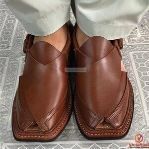 Authentic Shinny Brown Leather Peshawari Chappal, Brown Suede Handmade Sandals,